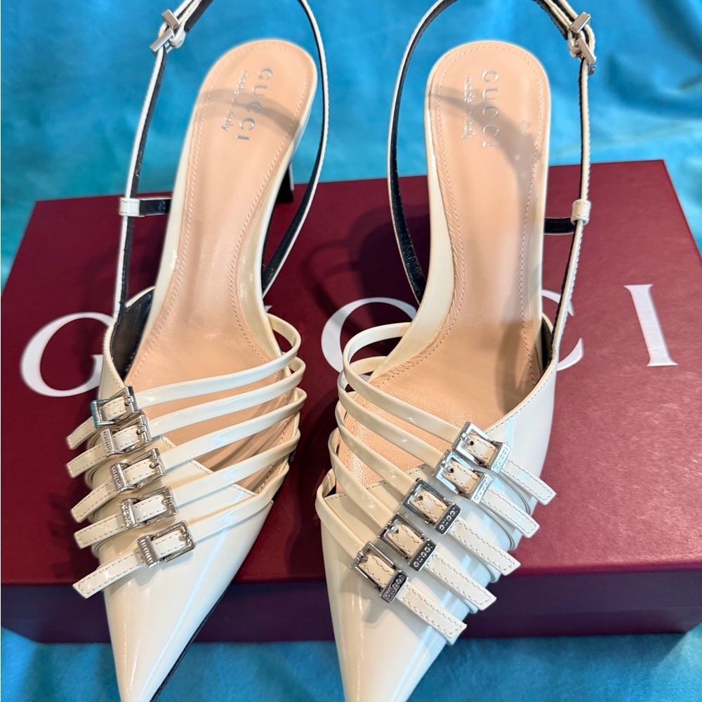 Gucci White Patent Leather Strappy Pointed-Toe Heels